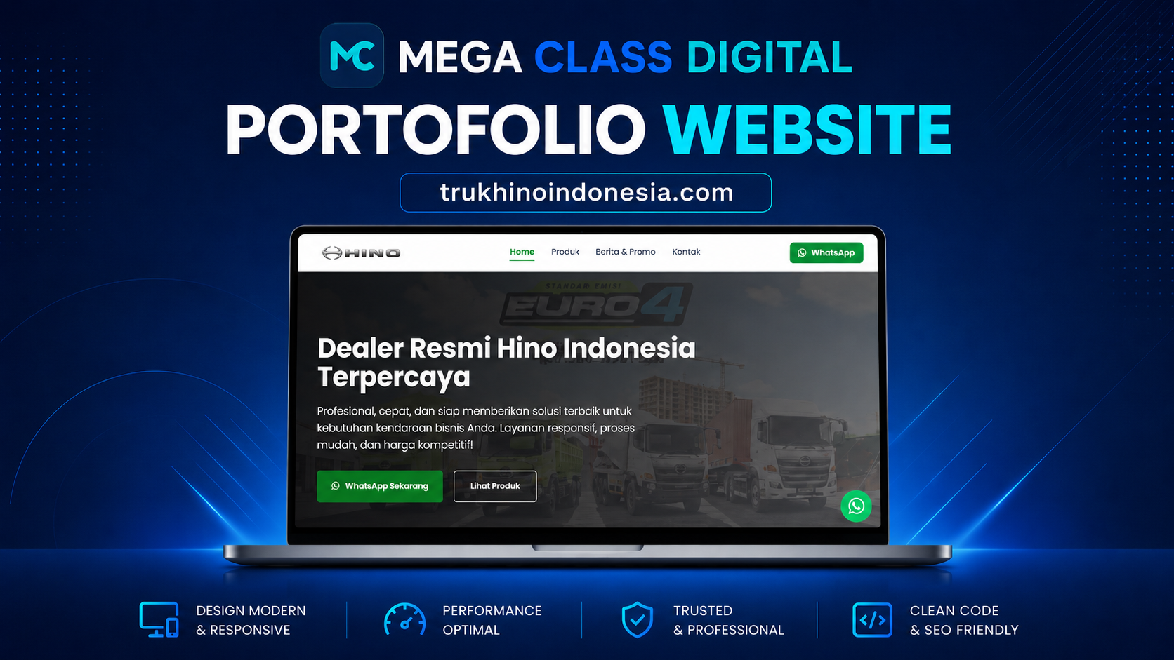 Tampilan website Truk Hino Indonesia untuk portfolio Mega Class Digital